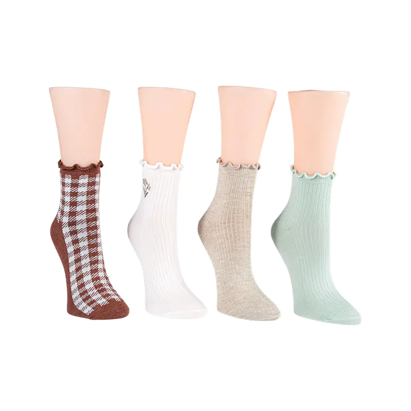 Rib W/ Embroidered Flower/ Ginghamlettuce Welt Anklet 4ppk Socks
